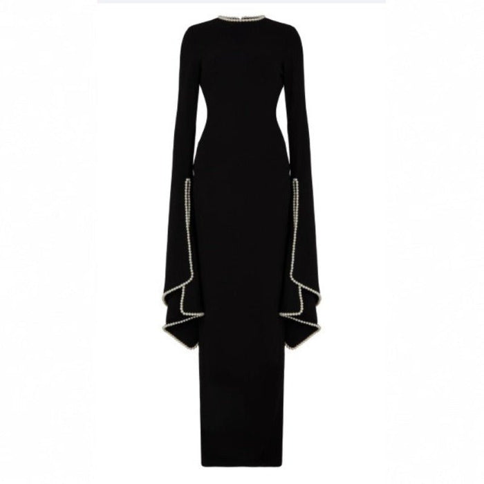 Pearl-Trimmed Cape Sleeve Evening Gown | Fitted Black Maxi Dress(MA355)