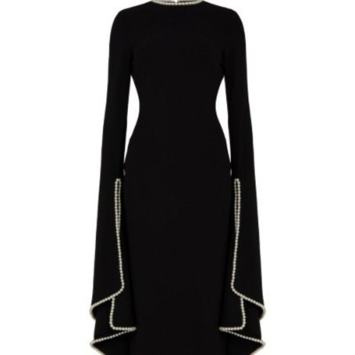 Pearl-Trimmed Cape Sleeve Evening Gown | Fitted Black Maxi Dress(MA355)