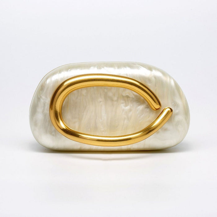 Pearlized Acrylic Gold-Tone Ring Handle Evening Bag - Wedding Banquet Shoulder Messenger Purse (MAC250)