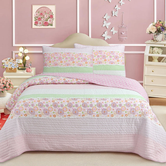 Pink Floral Whimsy - Cotton Quilt Bedding Set
