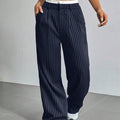 Pinstripe Wide-Leg Pants | High Waist Contrast Waistband Trousers(MS244)