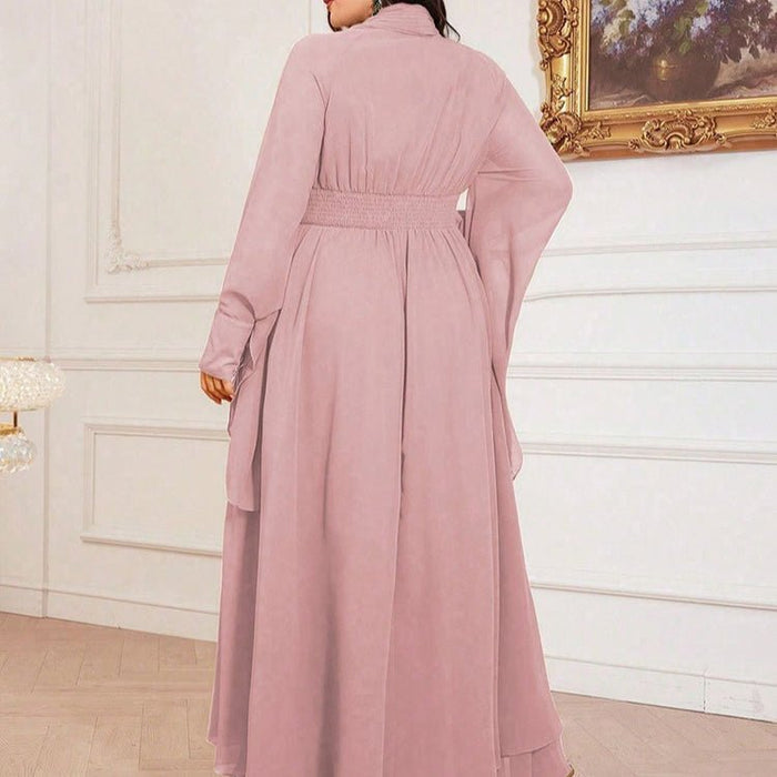 Plus Size Pleated Tie-Neck Maxi Dress(MS370)