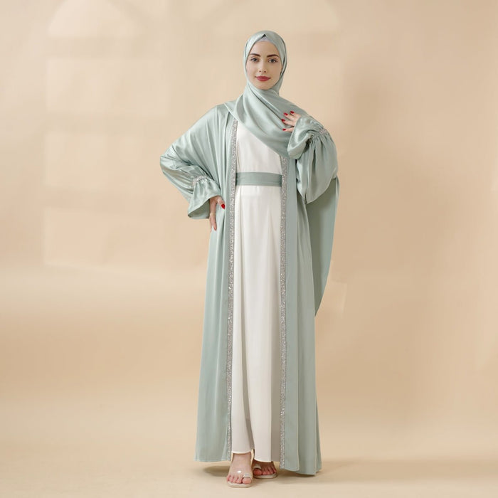 Poet Sleeve Satin Open Abaya With Matching Belt and Hijab (MOA009)