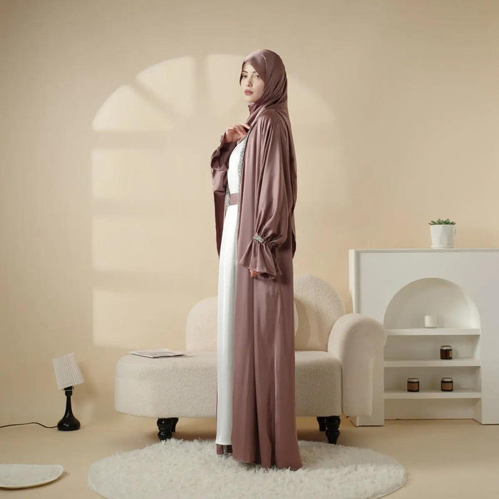 Poet Sleeve Satin Open Abaya With Matching Belt and Hijab (MOA009)