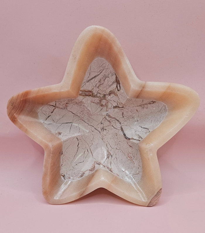 Polished Onyx Star Dish – Pale Marbled Stone Bowl 6.25"