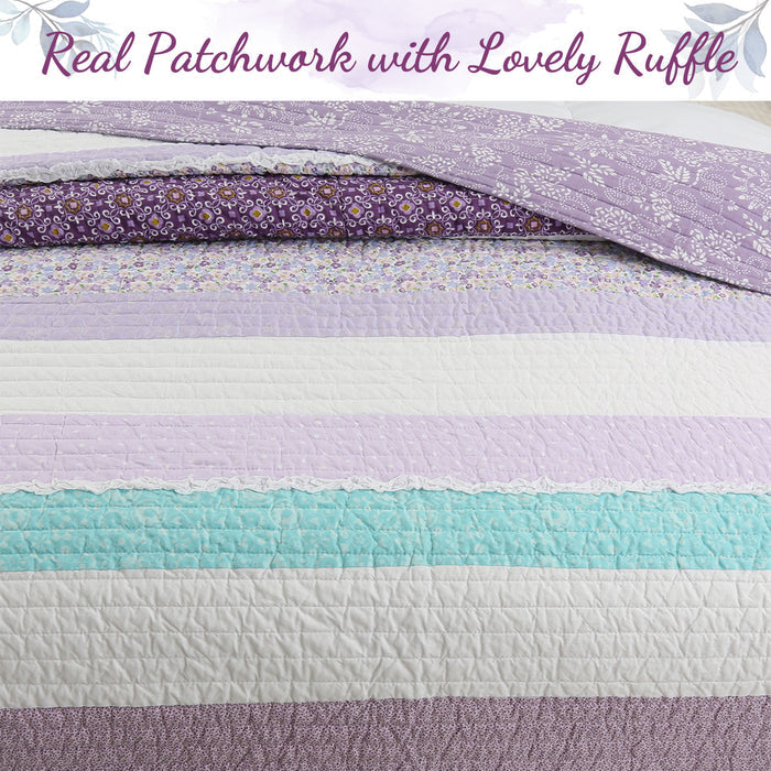 Purple Cosmos Spring Floral Stripe Garden Lavender Teal Ruffle Cotton Reversible Quilt Bedding Set