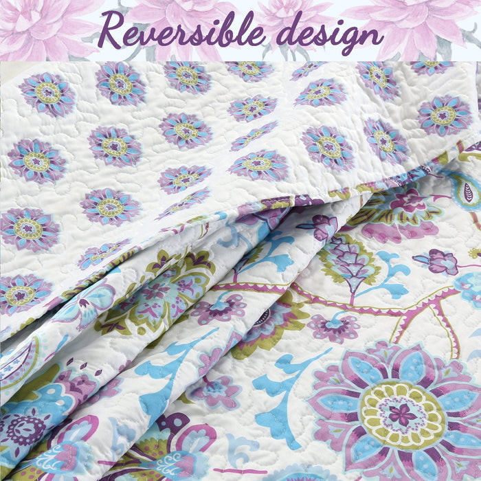 Purplish Floral 3-Piece Reversible Quilt Bedding Set