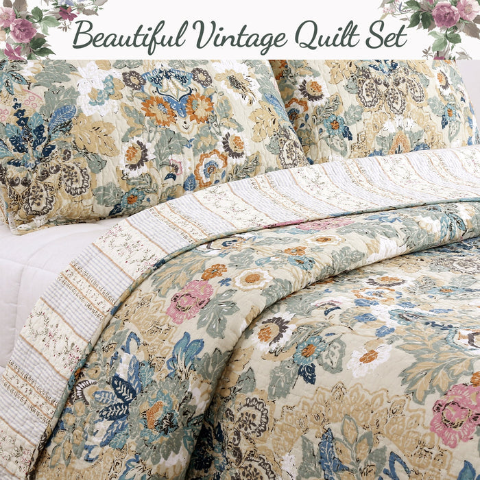 Pylle Hill Floral Cotton 3-Piece Reversible Quilt Bedding Set