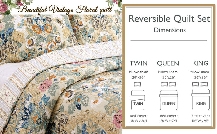 Pylle Hill Floral Cotton 3-Piece Reversible Quilt Bedding Set