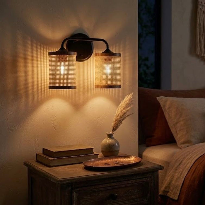 Quell - Double Light Vanity With Natural Shade Wall Lamp - Black / Rattan