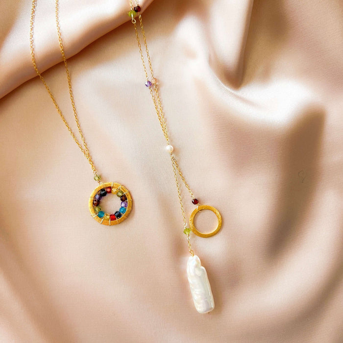Rainbow Gemstone Halo Mini Gold Pendant