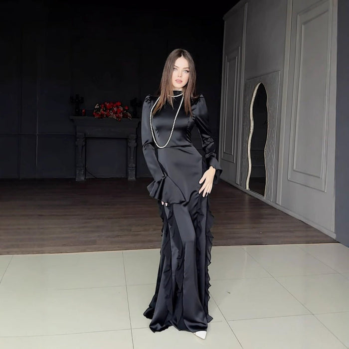 Regal Satin Court Dress Semi-Turtleneck Chiffon Lace-Up Maxi with Bell Sleeves & Tiered Ruffles (MA235)
