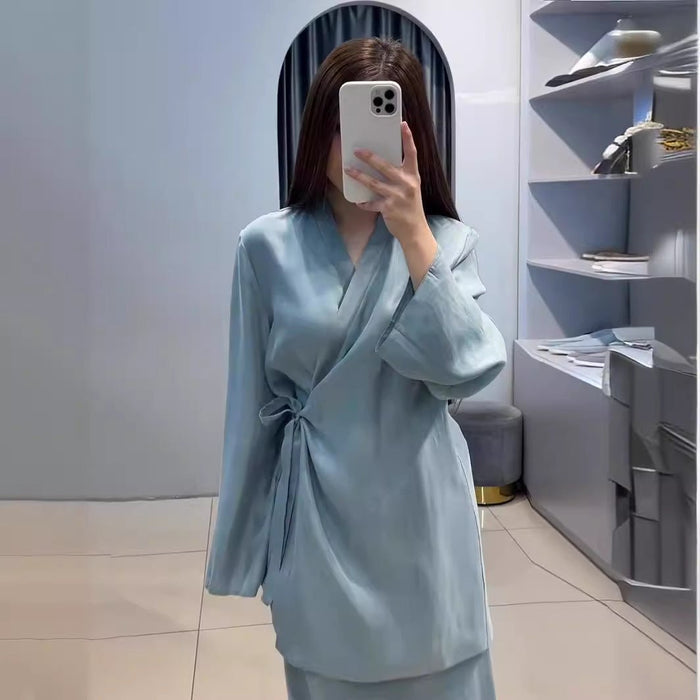 Relaxed Kimono Sleeve Sky Blue Glazed Forged Waist Pajama-Style Abaya Dress Set(MA209)