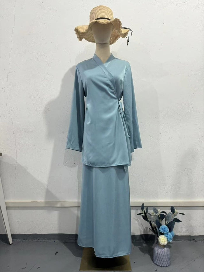 Relaxed Kimono Sleeve Sky Blue Glazed Forged Waist Pajama-Style Abaya Dress Set(MA209)