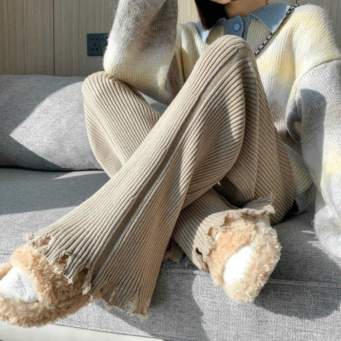 Ribbed Knit Frayed Wide Leg Pants | High Waist Drawstring Flare Pants(MS164)