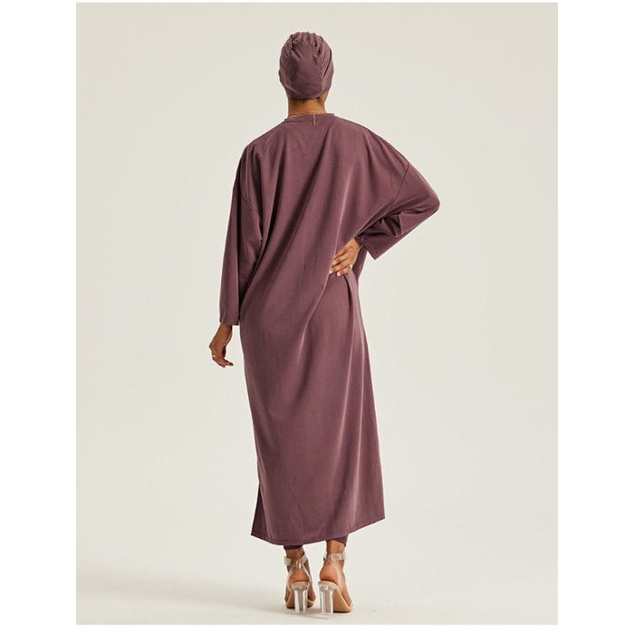 Round Neck Drop Shoulder Maxi Dress - Solid Color Modest Abaya with Side Slits (MA309)
