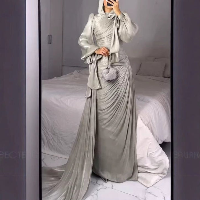 Ruched Evening Dress | Puff Sleeve Bodycon Maxi Dress(MS280)