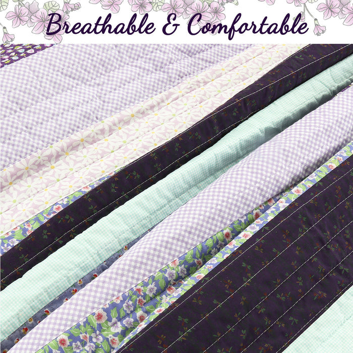 Safira Striped Purple 3-Piece Cotton Reversible Quilt Bedding Set