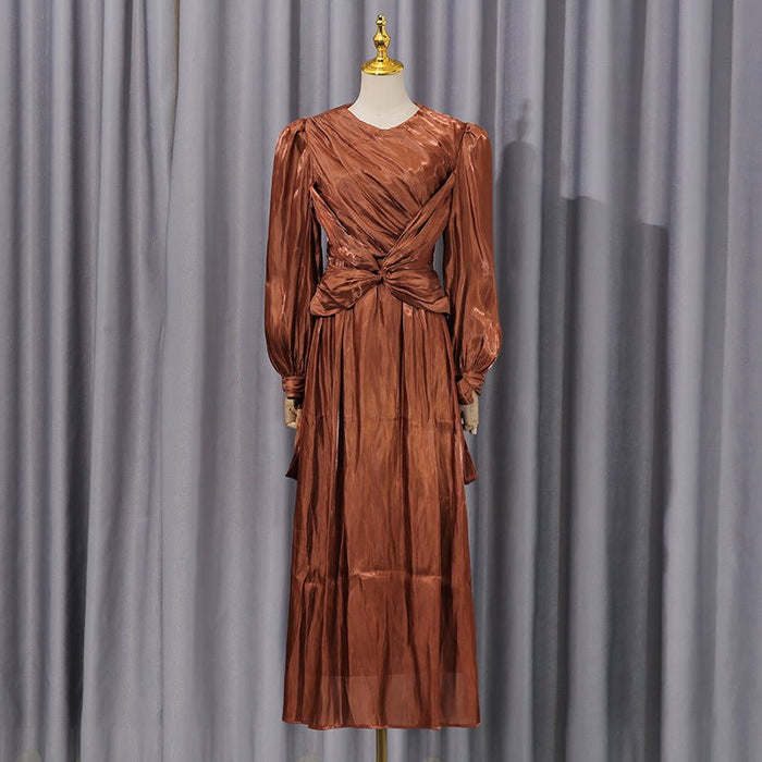 Satin Diagonal Pleat Dress with Bow Waist(MS324)