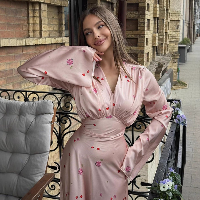 Satin Floral Print Wrap Dress(MS377)