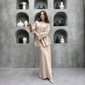 Satin Peplum Top & Skirt Set | Bell Sleeve Two-Piece Outfit(MS229)