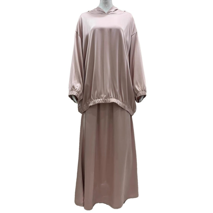 Satin Two-Piece Set with Hooded Top & Maxi Skirt(MS348)