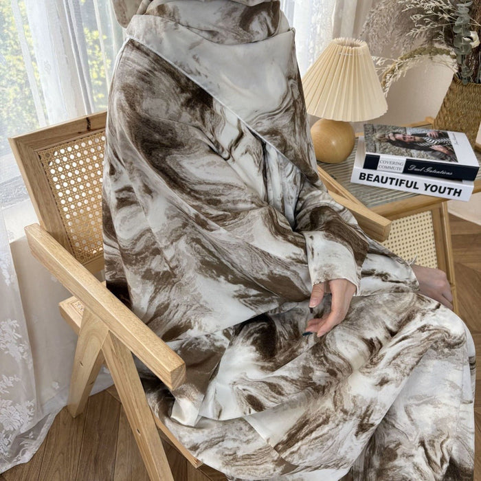 Serene Ink Wash Abaya Collection | Watercolor Print Cardigan with Matching Hijab (MOA178)