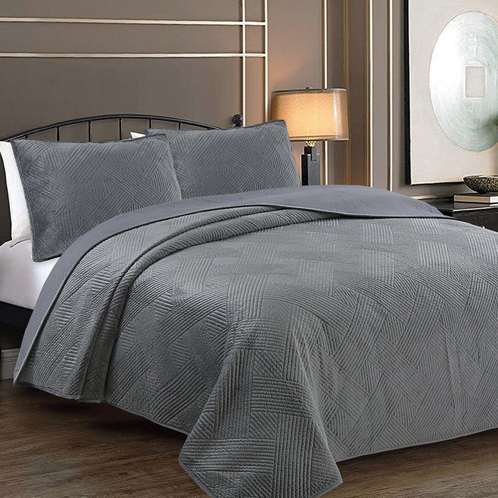 Soft Velvet Basket Weave Stripe Solid Blue or Grey 3-Piece Reversible Quilt Bedding Set