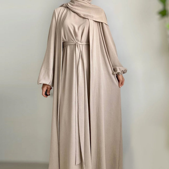 Solid Color Elegant Open Abaya with Pockets | 3-Piece Set Open Abaya (MOA092)