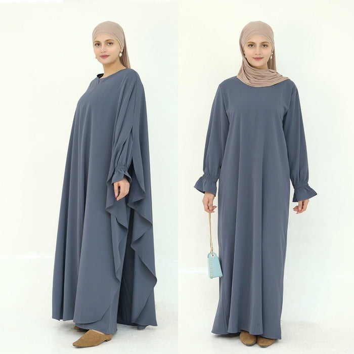 Solid Color Modest Robe Dress Two-Piece Set – Muslim Abaya with Puff Sleeves(MA275)