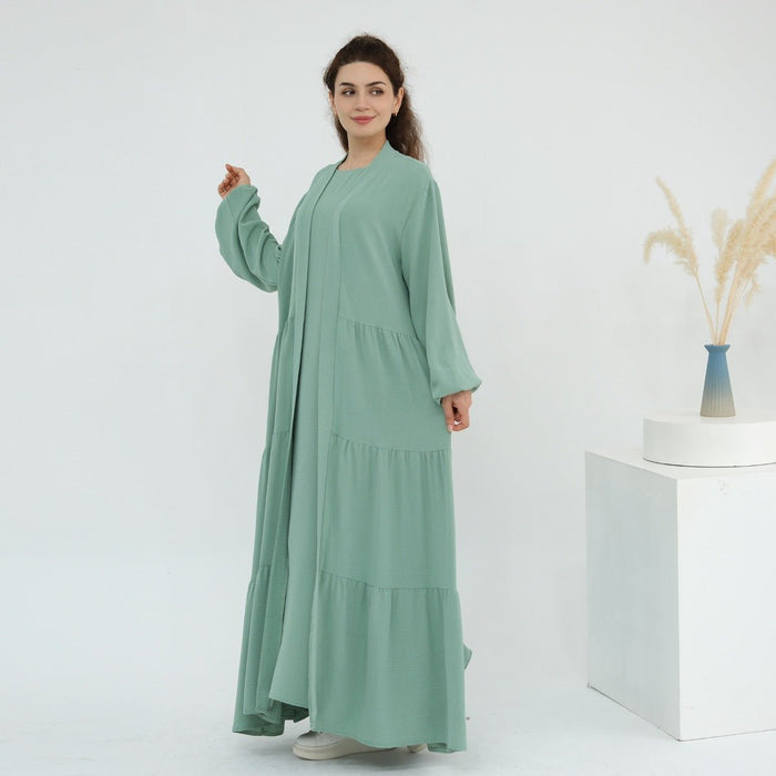 Solid Color Puff Sleeve Layered Maxi Dress Robe Dress Two-Piece Set (MOA165)