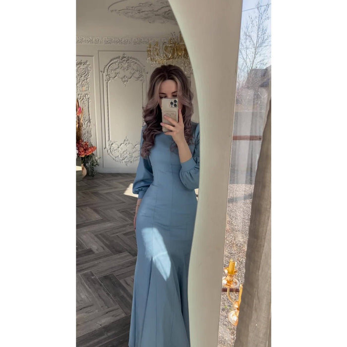 Spring Elegant Court-Style Long Sleeve Blue Chiffon Mermaid Dress Abaya (MA222)