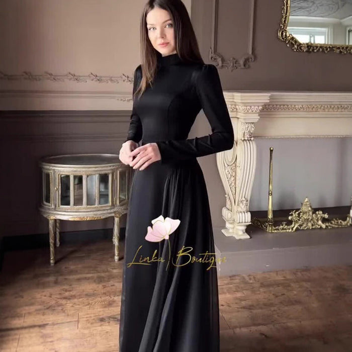 Spring Temperament Black Maxi Dress And Elegant High Neck Long Sleeve Dress with Floral Accent (MA220)