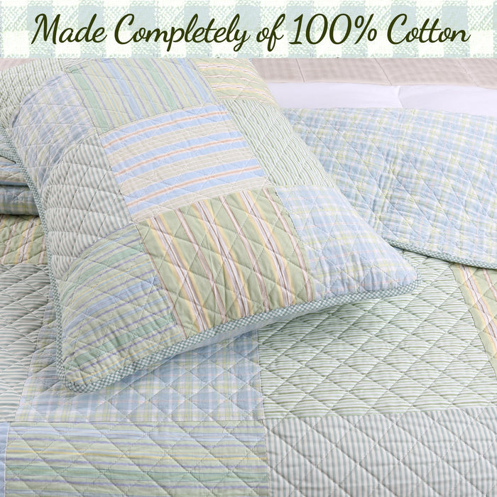 Square Real Patchwork Plaid Stripes Blue Green Scalloped 3-Piece Cotton Reversible Quilt Bedding Set