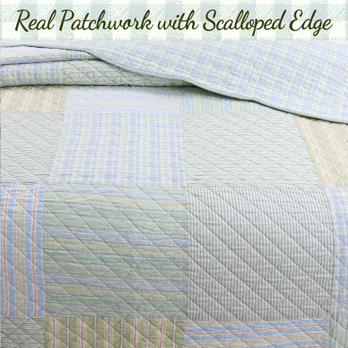 Square Real Patchwork Plaid Stripes Blue Green Scalloped 3-Piece Cotton Reversible Quilt Bedding Set