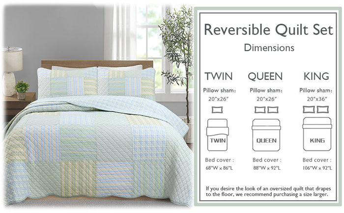 Square Real Patchwork Plaid Stripes Blue Green Scalloped 3-Piece Cotton Reversible Quilt Bedding Set