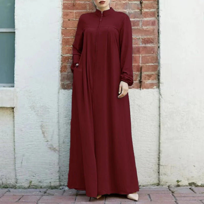 Stand-Collar Zipper Cardigan with Pockets | Modest Long Maxi Dress Abaya(MA155)