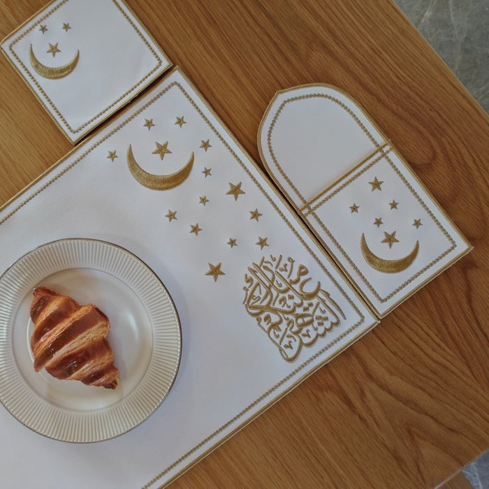 Star & Crescent Embroidered Leather Placemat Set | 3-Piece Dining Table Decor (MAC390)