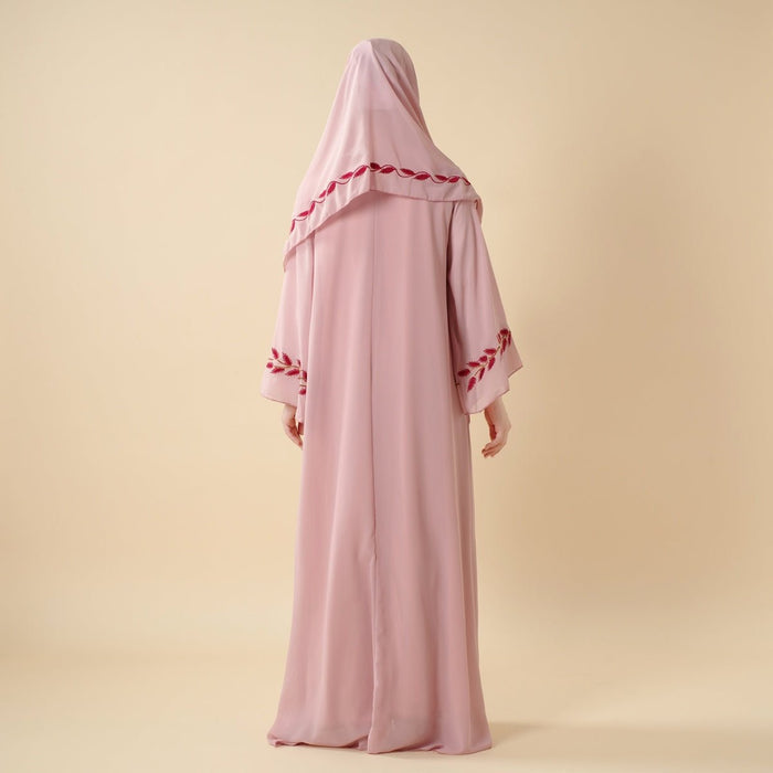 Summer Floral Embroidered Elegant Crew Neck Long Sleeve Chiffon Abaya Dress with Matching Headscarf (MA230)