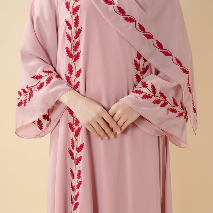 Summer Floral Embroidered Elegant Crew Neck Long Sleeve Chiffon Abaya Dress with Matching Headscarf (MA230)