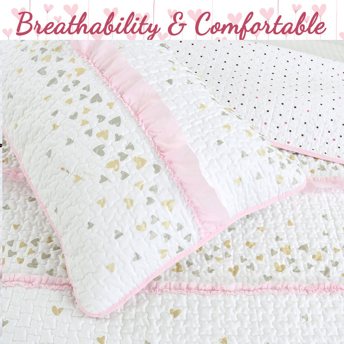 Sweet Heart Polka Dot Pink Ruffle Cotton Reversible Quilt Bedding Set