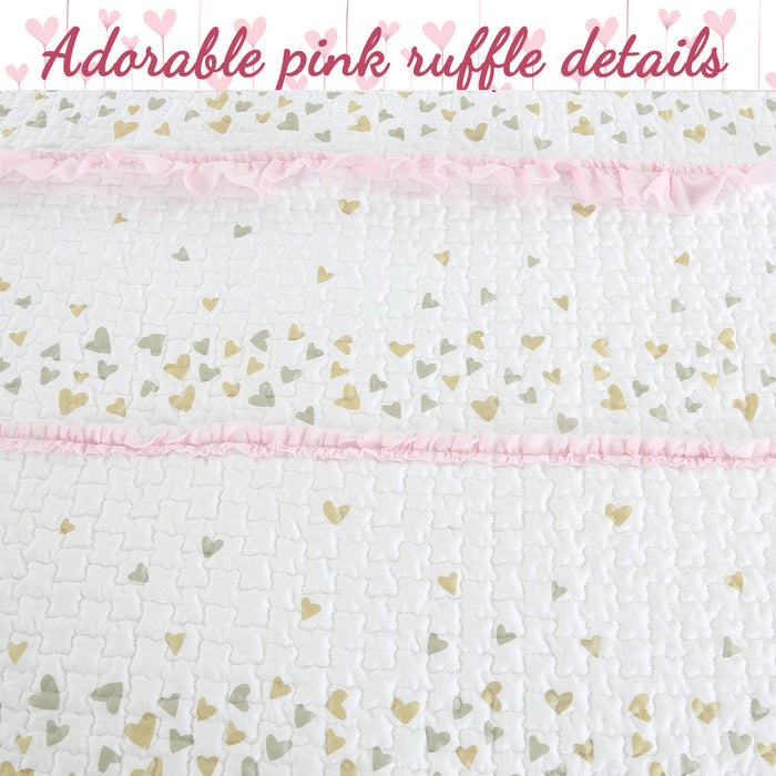 Sweet Heart Polka Dot Pink Ruffle Cotton Reversible Quilt Bedding Set