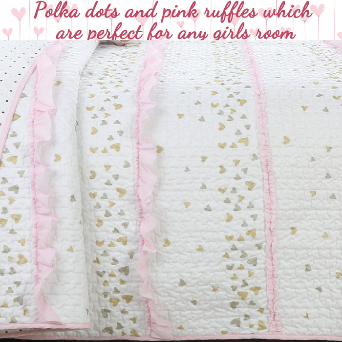 Sweet Heart Polka Dot Pink Ruffle Cotton Reversible Quilt Bedding Set