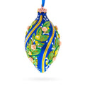 Swirl Roses on Blue Pointed Teardrop Finial Glass Christmas Ornament