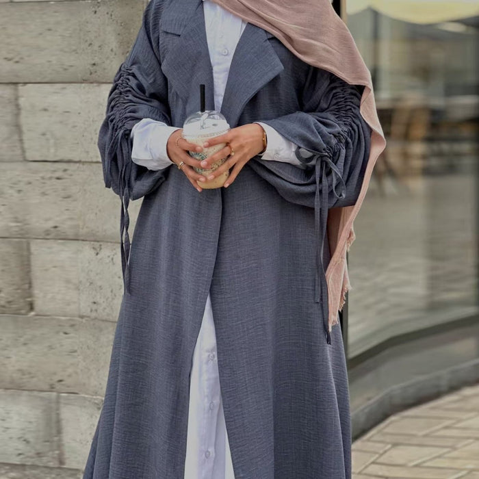 Tailored Blazer Cardigan with Ruched Sleeves | Open-Front Twill Blend Jacket(MOA246)