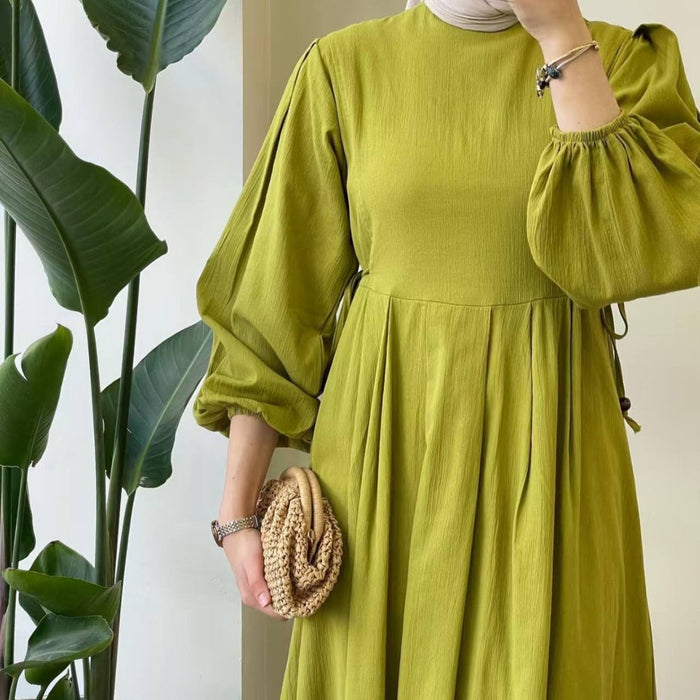Tie-Waist Bubble Sleeve Abaya | Pleated Maxi Dress Abaya with Back Zip (MA364)
