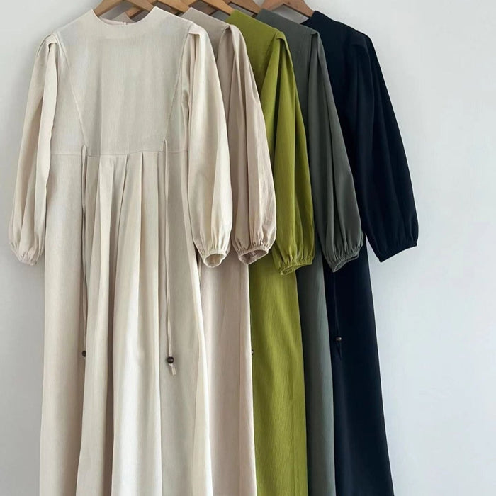 Tie-Waist Bubble Sleeve Abaya | Pleated Maxi Dress Abaya with Back Zip (MA364)