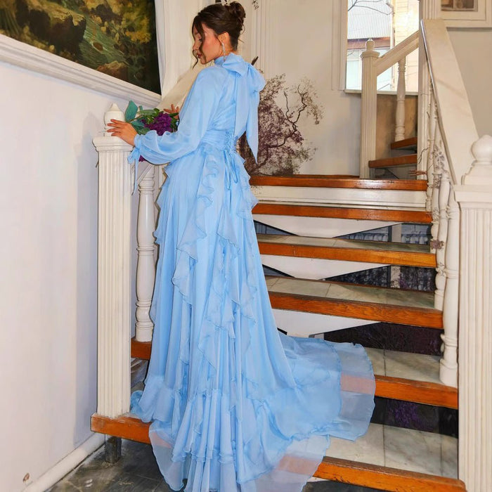 Tiered Ruffle Chiffon Evening Gown | High Neck Bow Sleeve Maxi Dress(MA349)