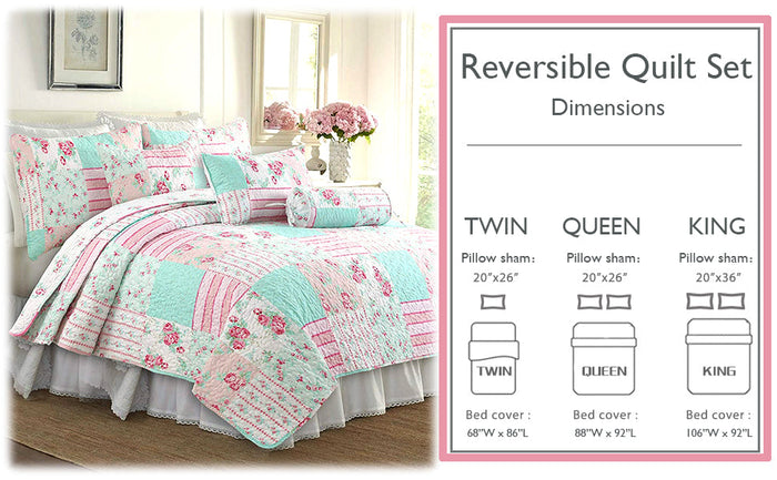Tiffany Pink Blossom Floral Garden Girl Print Patchwork Reversible Quilt Bedding Set
