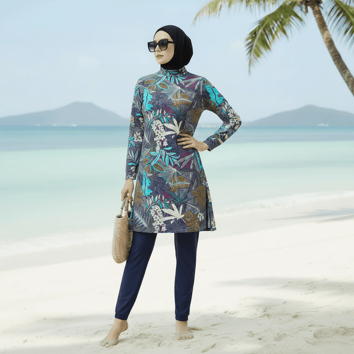 Tropical Print Modest Burkini Swimsuit Set(MB022)